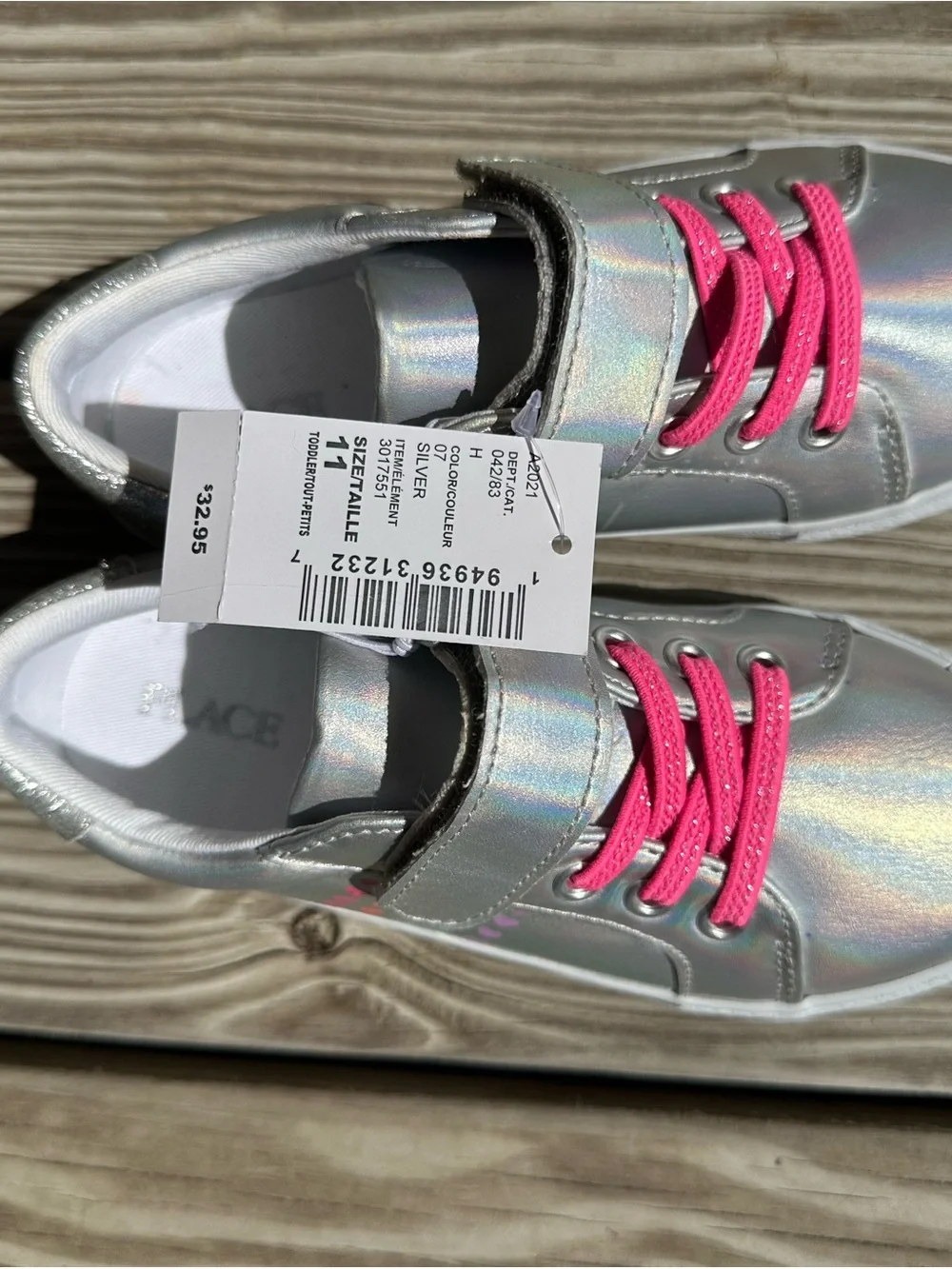 The Children's Place Holographic Silver Sneakers with Pink Laces
